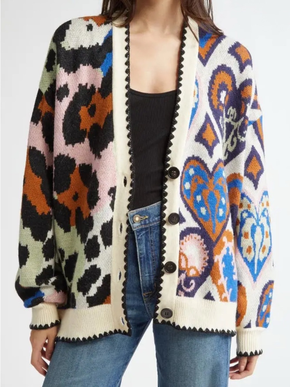 Multicolor Patterned Button-Front Women's Cardigan Sweater